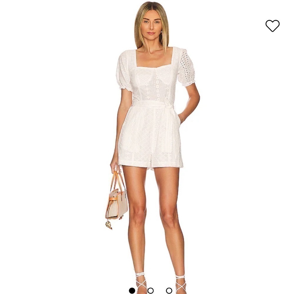 Blank NYC White Romper In White Eyelet Fabric Belted Front, puff Sleeve NWT